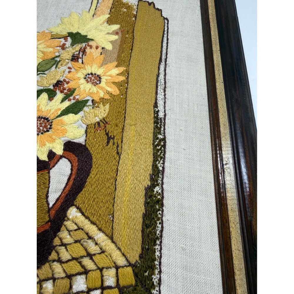 Vintage 70s Crewel Needlepoint Sunflower Floral Wall Art Framed Farmhouse Boho - Picture 5 of 16